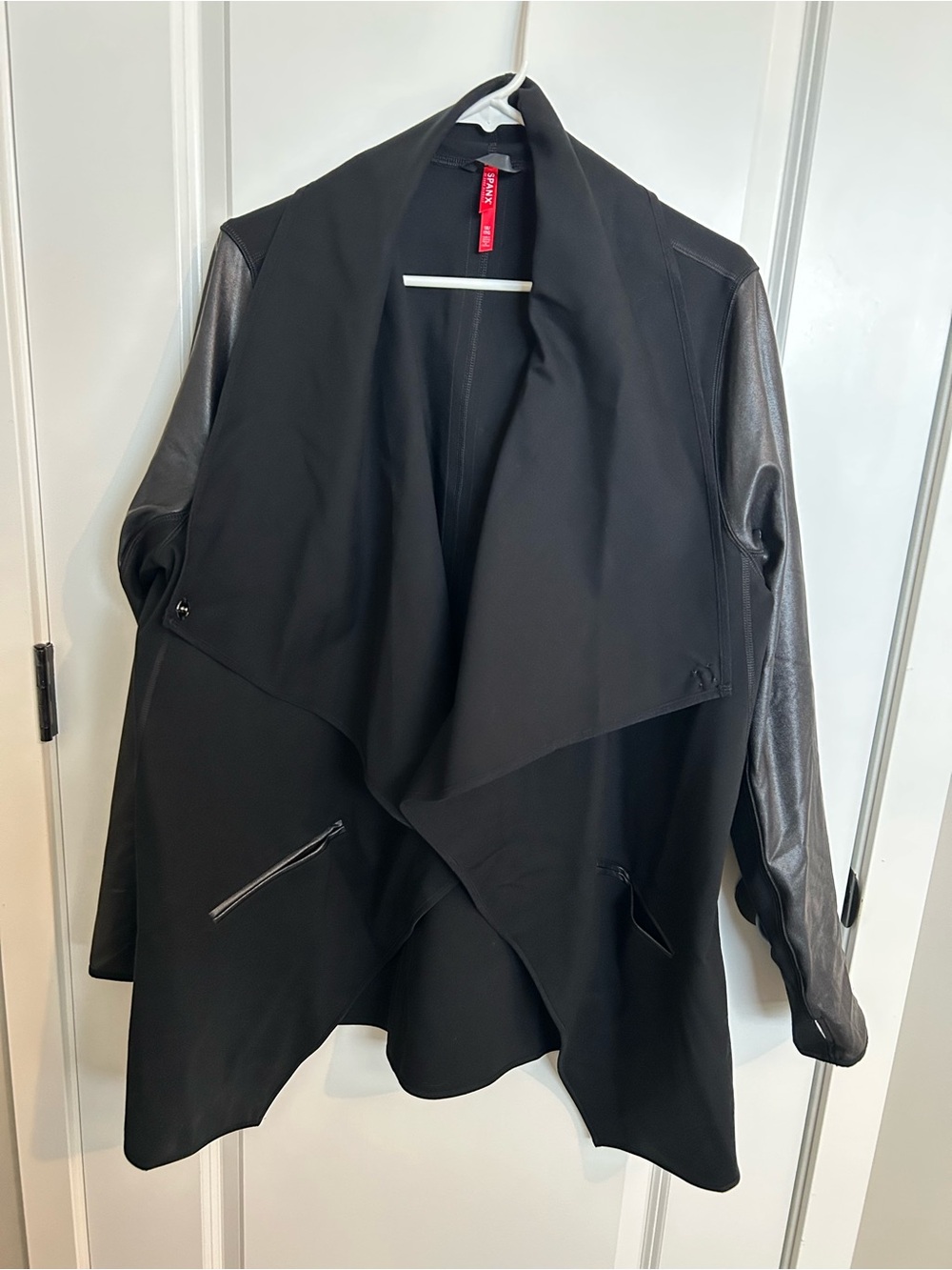 SPANX Black Draped Front Jacket with Leather Sleeves
